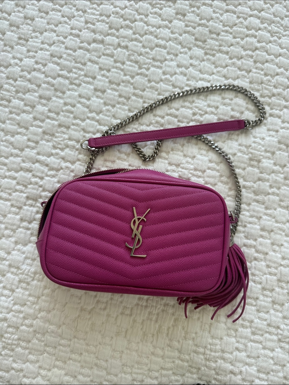 Saint Laurent Quilted Mini Camera Bag in Magenta with Silver Hardware